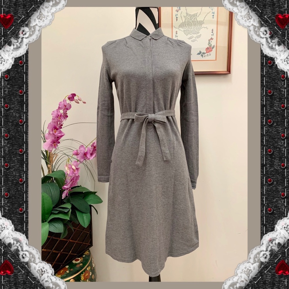 Lacoste Gray Long Sleeve Shirt Dress with Tie Belt